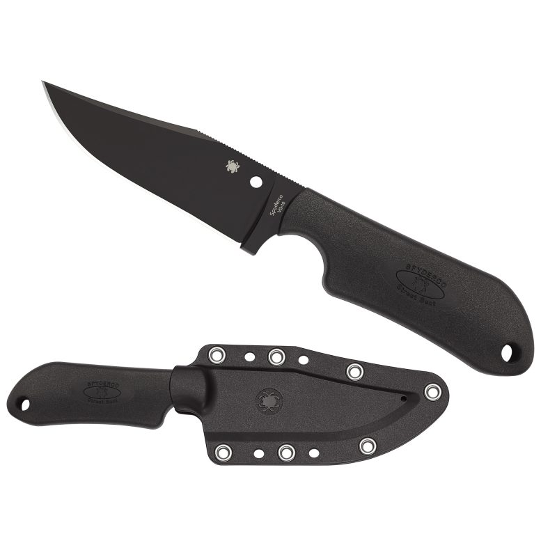 Spyderco Street Beat Lightweight fixed blade knife with a black VG-10 plain edge blade, black Kraton handle, and an included black polymer sheath with G-Clip.