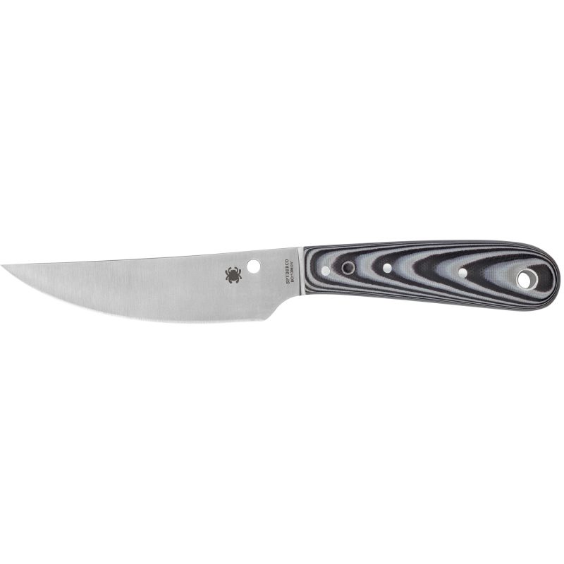 Spyderco Bow River fixed blade knife with black and white G-10 handle and included sheath, shown on a rugged outdoor surface.