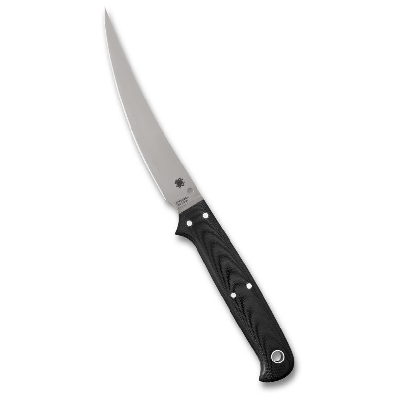 Spyderco Shelter Cove fixed blade knife with a silver trailing point blade and black G10 handle, shown with its leather sheath.