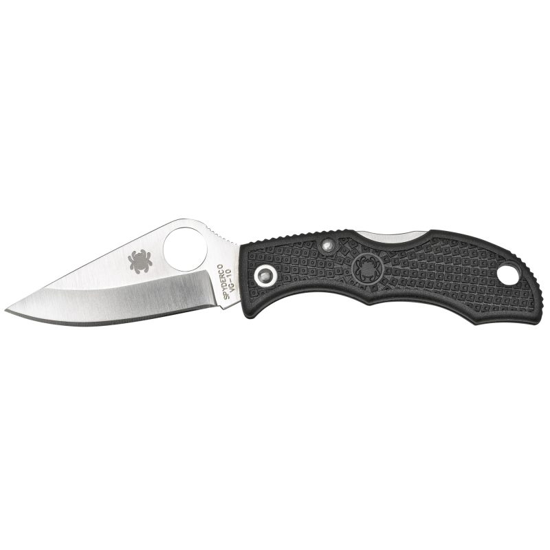 Spyderco Ladybug3 Black FRN Plain Edge Folding Knife with a 1.94-inch VG-10 steel blade and a black fiberglass reinforced nylon handle, shown open.