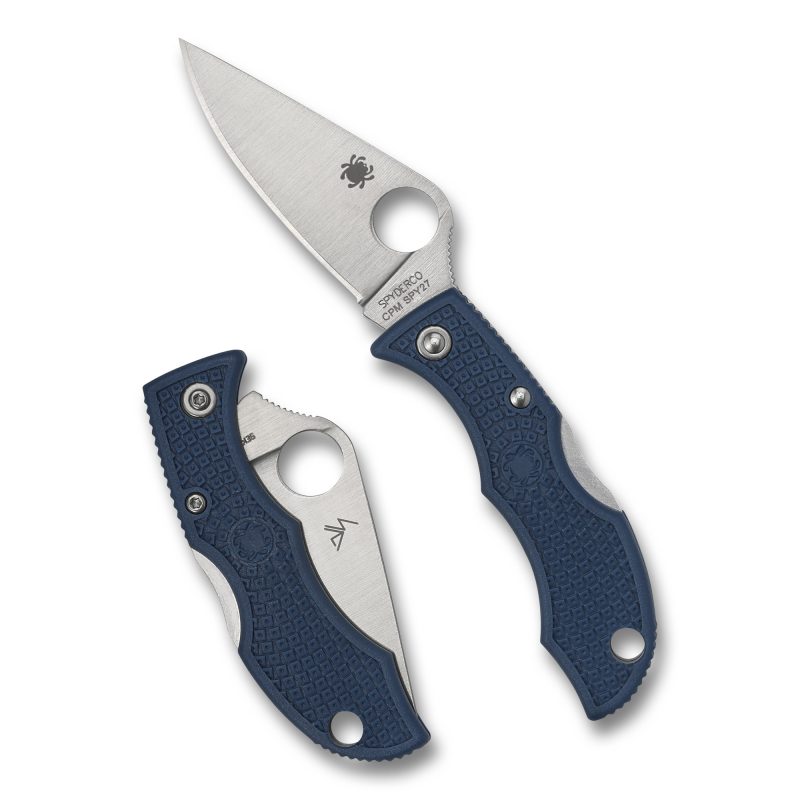 Blue Spyderco Ladybug 3 folding knife with a satin finish drop point blade, shown open on a rustic surface.