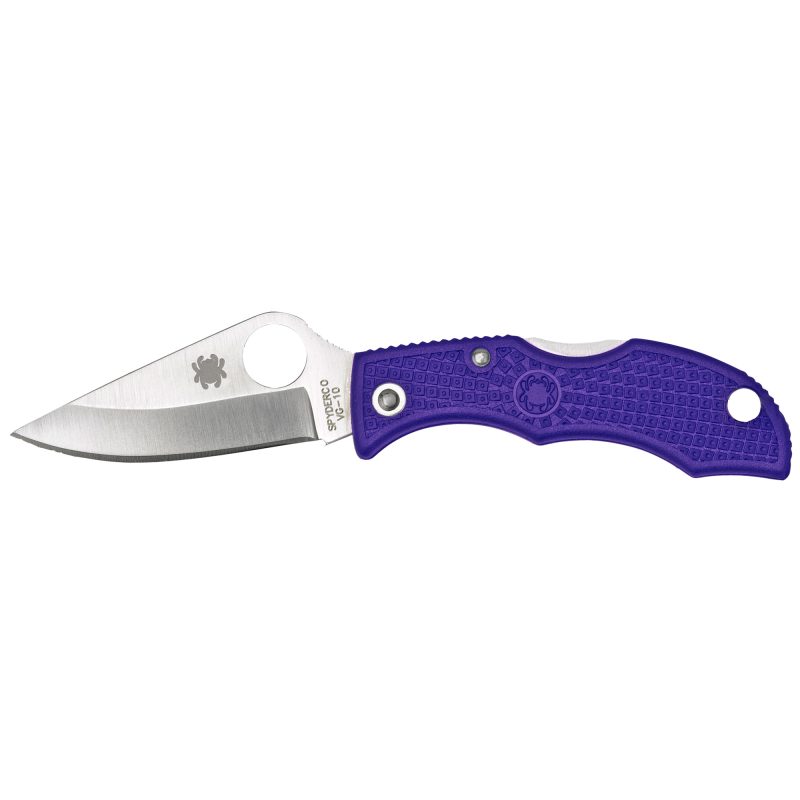 Spyderco Ladybug3 Purple FRN Plain folding knife with a 1.94-inch plain edge VG-10 blade and a purple FRN handle, shown open on a rugged surface.