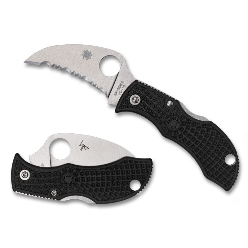 Spyderco Manbug folding knife with a silver serrated hawkbill blade and a black FRN handle, shown closed on a plain background.