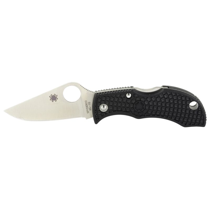 Spyderco Manbug Black FRN Plain folding knife with a silver plain edge clip point VG-10 blade and black FRN handle, shown open.