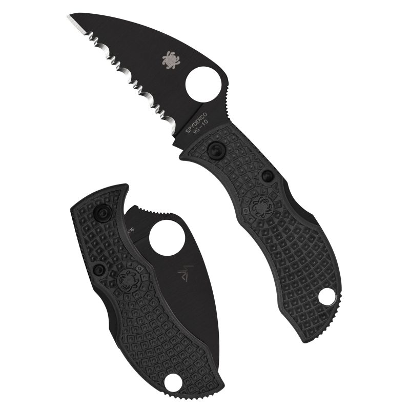 Black Spyderco Manbug SE folding knife with a serrated Wharncliffe blade and black FRN handle, shown closed.