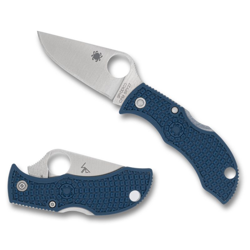 Spyderco Manbug 1.96 inch folding knife with a satin-finished plain edge blade and a cobalt blue fiberglass reinforced nylon handle, shown closed.