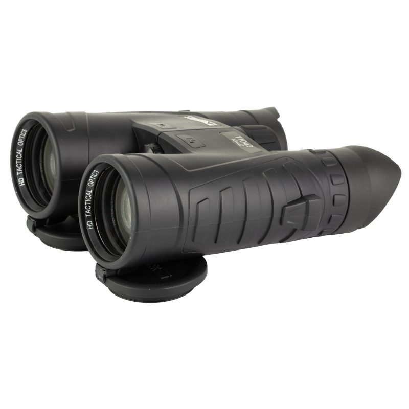 Steiner 10X42 Tactical Binoculars in black finish with neck strap, objective covers, and rain guard, shown with included case and cleaning cloth.