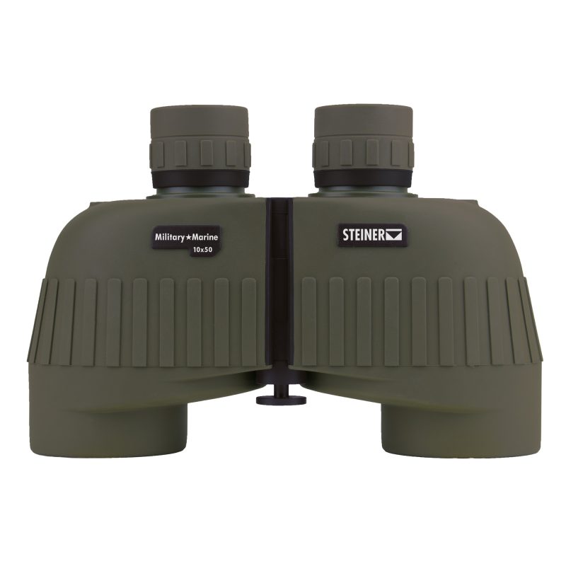 Steiner 10X50 Military Marine Binoculars in black finish with case and straps, ready for outdoor use in the White Mountains.