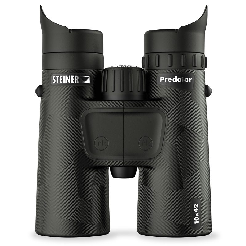 Steiner 10X42 Predator Binoculars in matte black finish with neck strap and carry case, shown against an outdoor background.