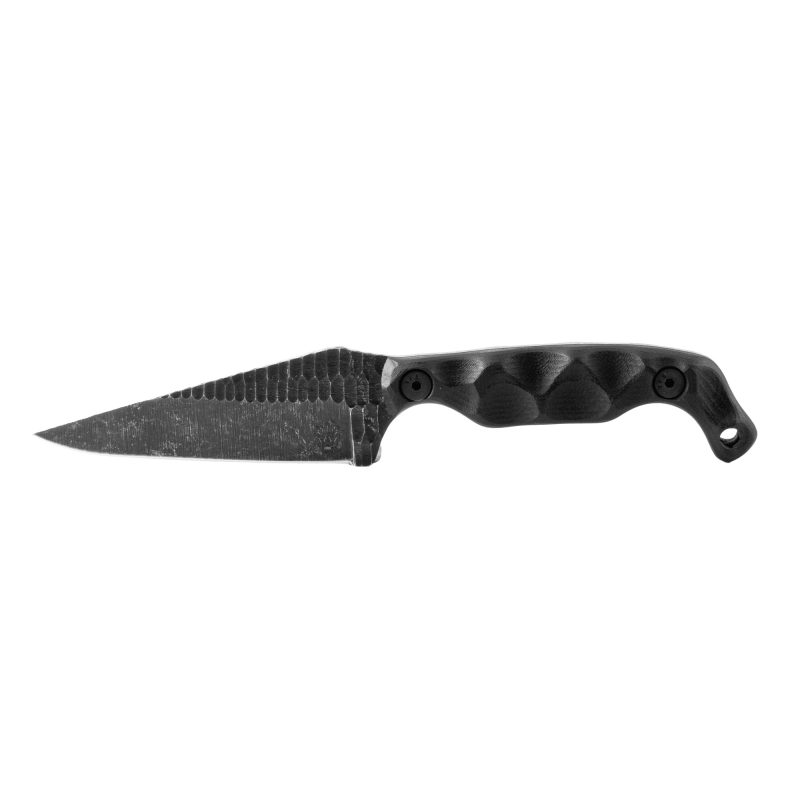Stroup Knives Bravo5 fixed blade knife with a 3.5-inch acid-etched clip point 1095 high carbon steel blade and black G10 handle, shown with its sheath.