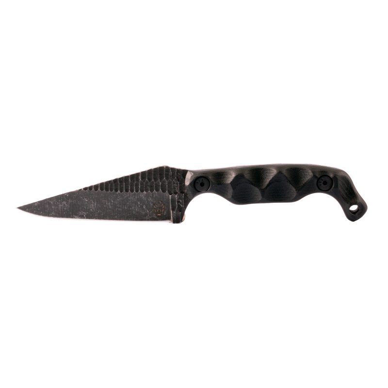Stroup Knives Bravo 5 fixed blade knife with a 3.5-inch acid etched Wharncliffe blade and gray G-10 handle, shown with its Kydex sheath.