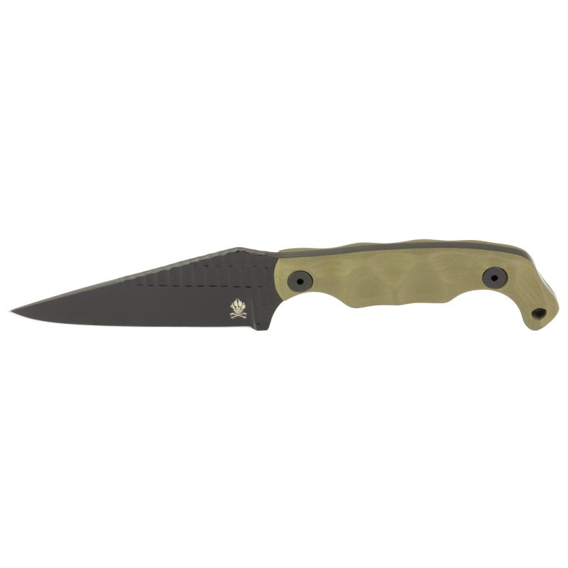 Stroup Knives Bravo 5 fixed blade knife with a black acid-etched Wharncliffe blade and olive drab green G10 handle, shown with its black Kydex sheath.