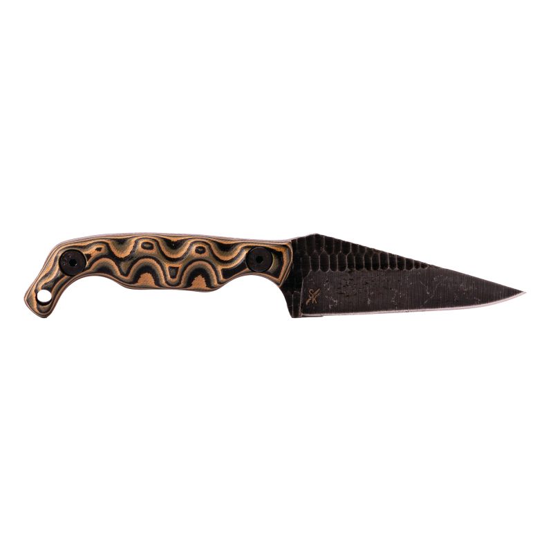 Stroup Knives Mini fixed blade knife with a 3-inch acid-etched camo Wharncliffe blade and a black camo G10 handle, shown with its Kydex sheath.