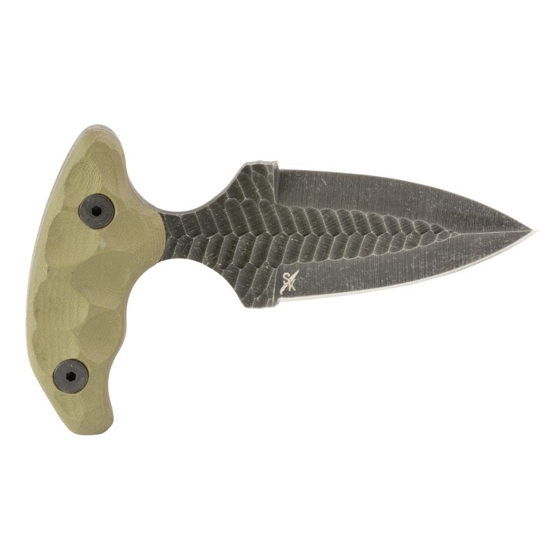 Stroup Knives Mini1 fixed blade knife with 3-inch acid etched trailing point blade and olive drab green G-10 handle, shown with black Kydex sheath.
