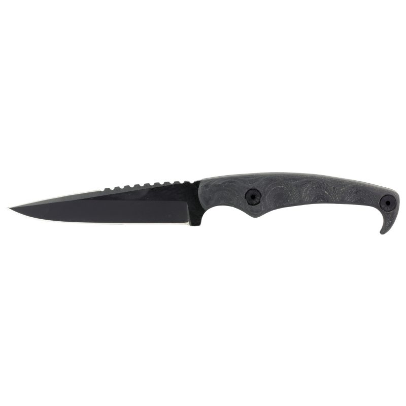 Stroup Knives MK2 fixed blade knife with a black Cerakote 4-inch drop point blade and black G10 handle, shown with its sheath.