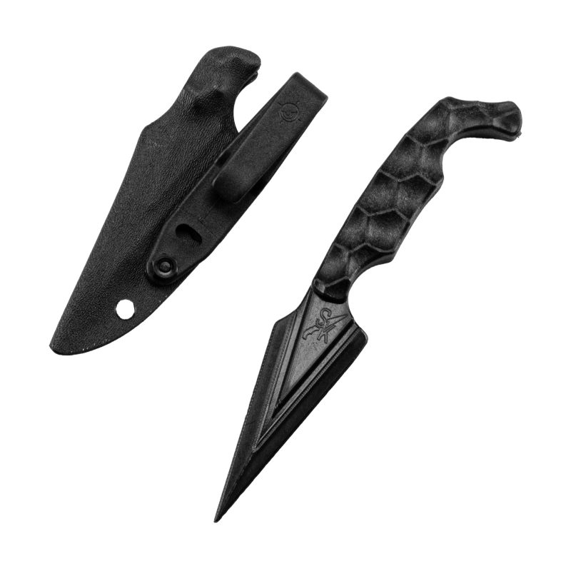 Black Stroup Knives Ultralite non-metallic spear point knife with sheath, shown against a rugged outdoor background.
