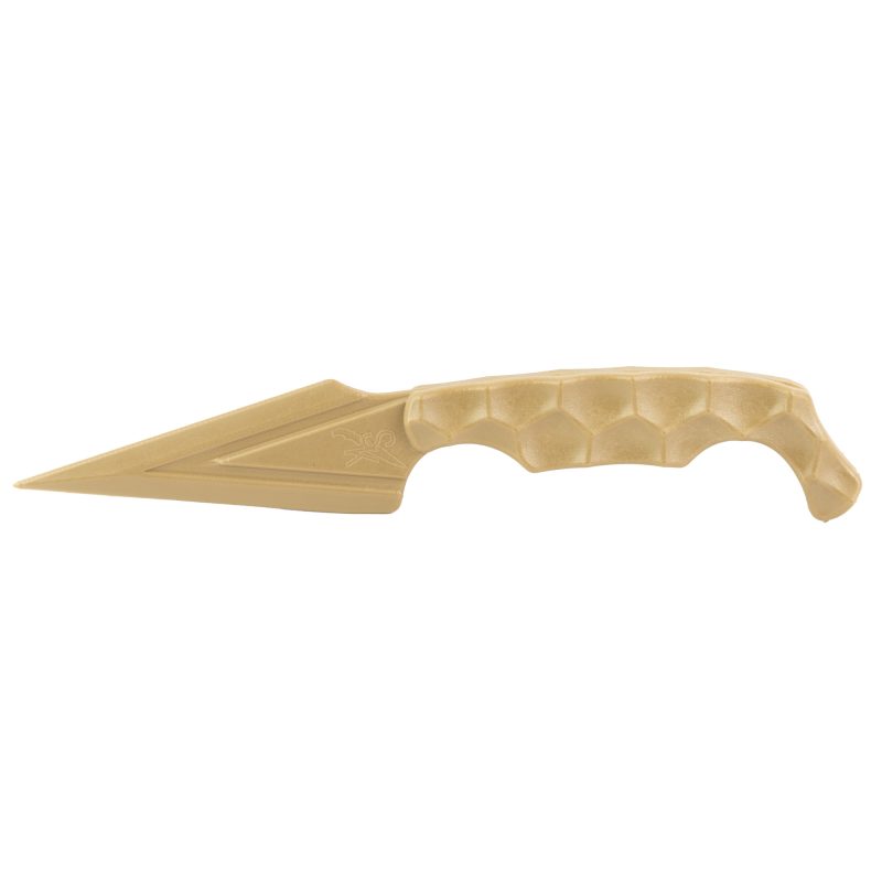 Stroup Knives Ultralite 3.75 inch FDE fixed blade knife with Kydex sheath, shown on a weathered wooden surface.