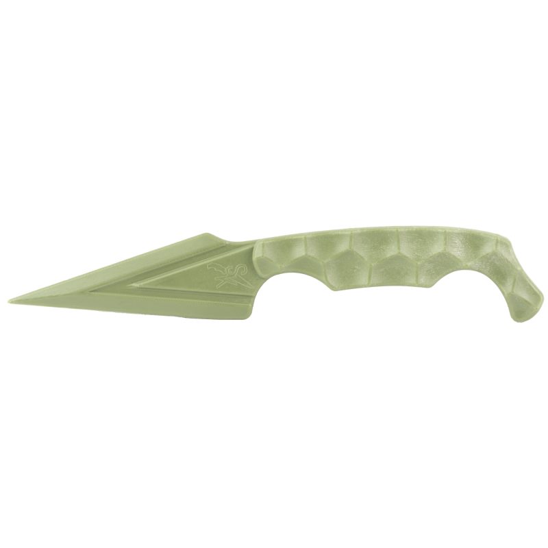 Olive drab green Stroup Knives Ultralite non-metallic fixed blade dagger knife with Kydex sheath on a rugged background.