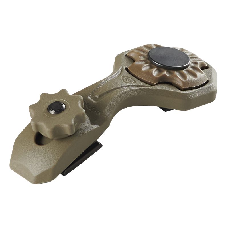 Coyote tan Streamlight High Offset ARC Mount for Sidewinder Stalk, shown mounted on a helmet rail.