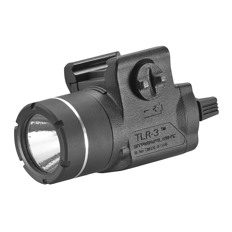 Black Streamlight TLR-3 Tactical Light mounted on a handgun rail, showing its compact size and powerful C4 LED beam.