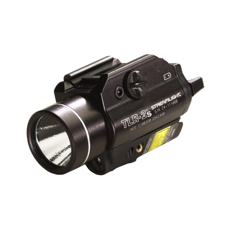 Streamlight TLR-2 Strobe Light/Laser, black, mounted on a firearm, showing the LED light and red laser beam, ready for tactical use in low light conditions.