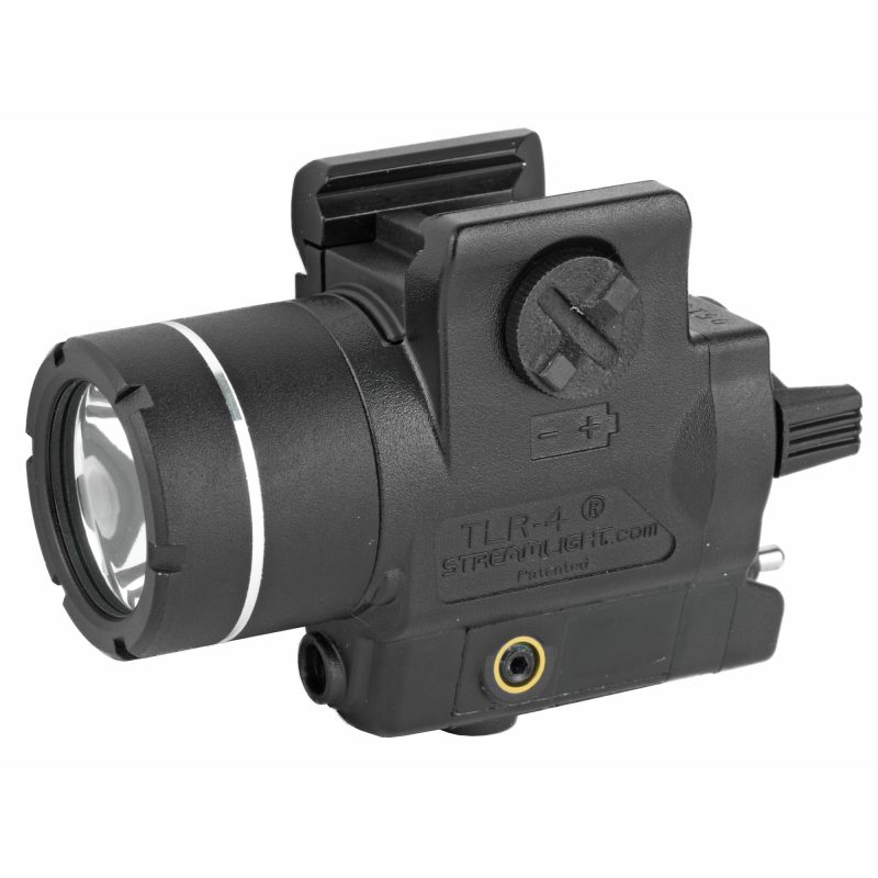 Streamlight TLR-4 compact tactical light and red laser mounted on a black pistol, showing the 170 lumen LED and laser emitter.