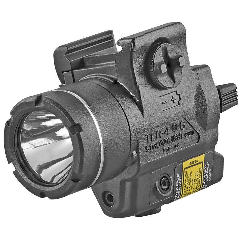 Streamlight TLR-4G Green Laser Light mounted on a handgun rail, showing the compact black polymer body, LED light, and green laser aperture.