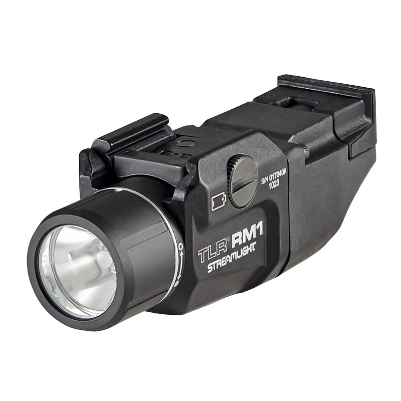 Streamlight TLR RM 1 500 lumen weapon light attached to a firearm, showing its compact size and bright beam, suitable for ranch use in the White Mountains.