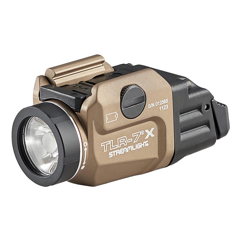 Streamlight TLR-7 X 500 lumen weapon light in Flat Dark Earth (FDE) with an SL-B9 rechargeable battery and USB charging cable.