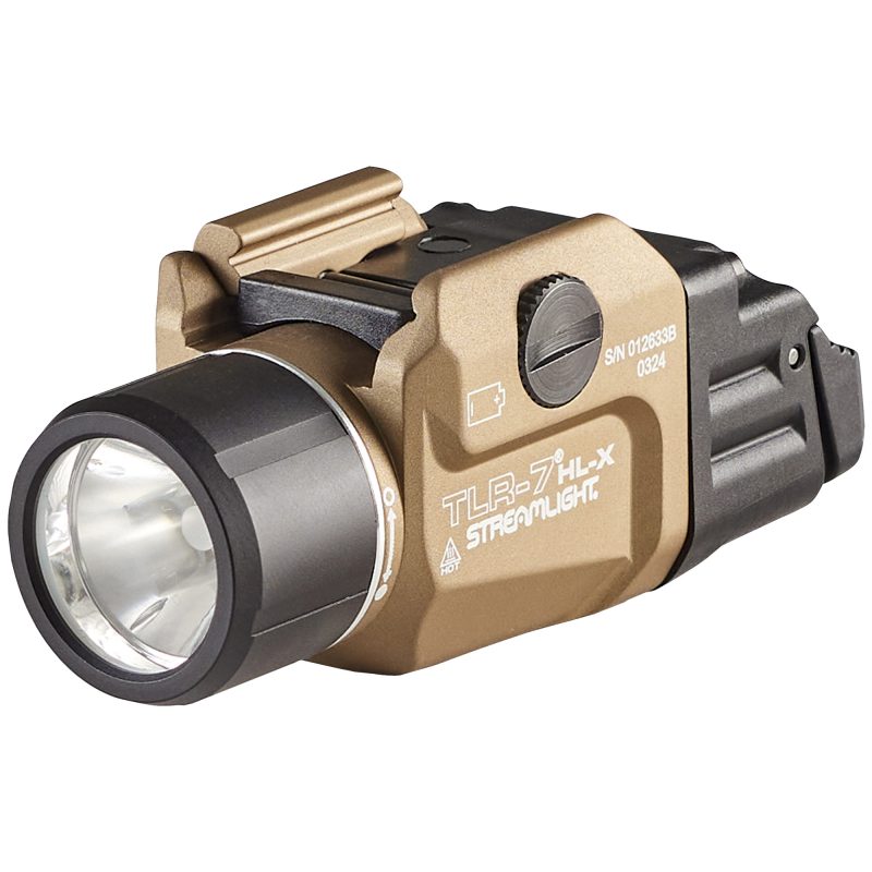 Streamlight TLR-7 HL-X USB 1000 Lumen weapon light in Flat Dark Earth, mounted on a rail, showing its compact size and powerful beam.