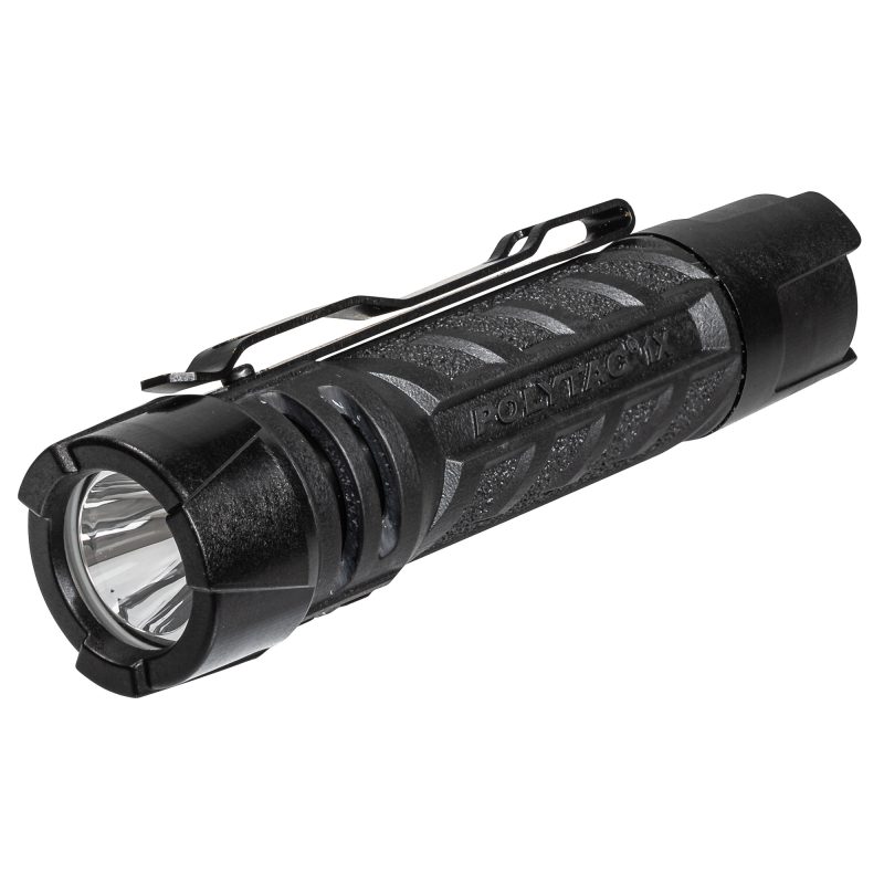 Black Streamlight PolyTac 1X 500 lumen multi-fuel tactical flashlight, shown with its durable polymer body and stippled grip, ideal for ranch work in the White Mountains.