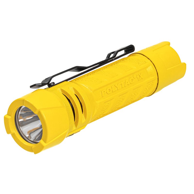 Yellow Streamlight PolyTac 1X multi-fuel handheld flashlight with 500 lumens, shown with a matte finish and a CR123A battery.