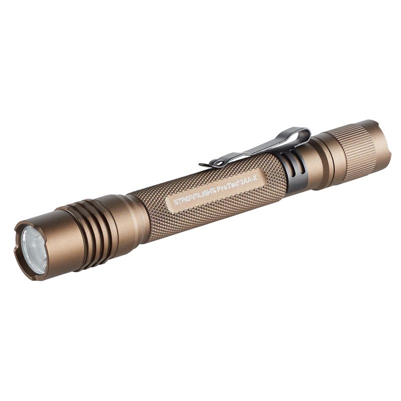 Streamlight ProTac 2AA-X USB tactical flashlight in coyote color, shown with USB-C rechargeable battery and charging cord.