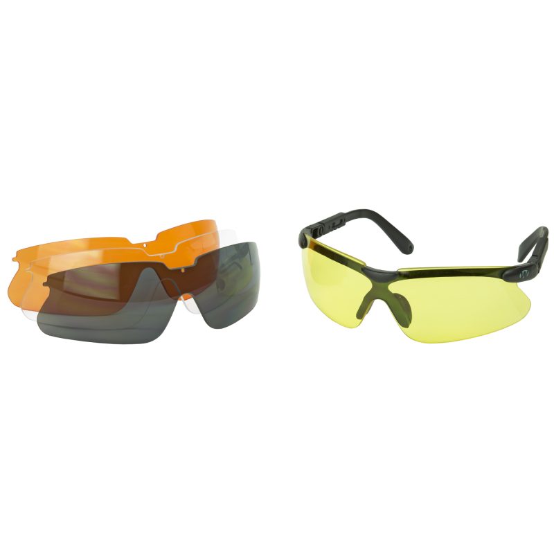 Walker's Sport Glasses with smoke gray, amber, yellow, and clear lenses displayed, showing durable eye protection for outdoor use.