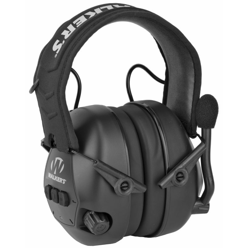 Black Walker's Passive Muff Bluetooth earmuffs with an adjustable boom microphone, designed for hearing protection and communication in outdoor settings.