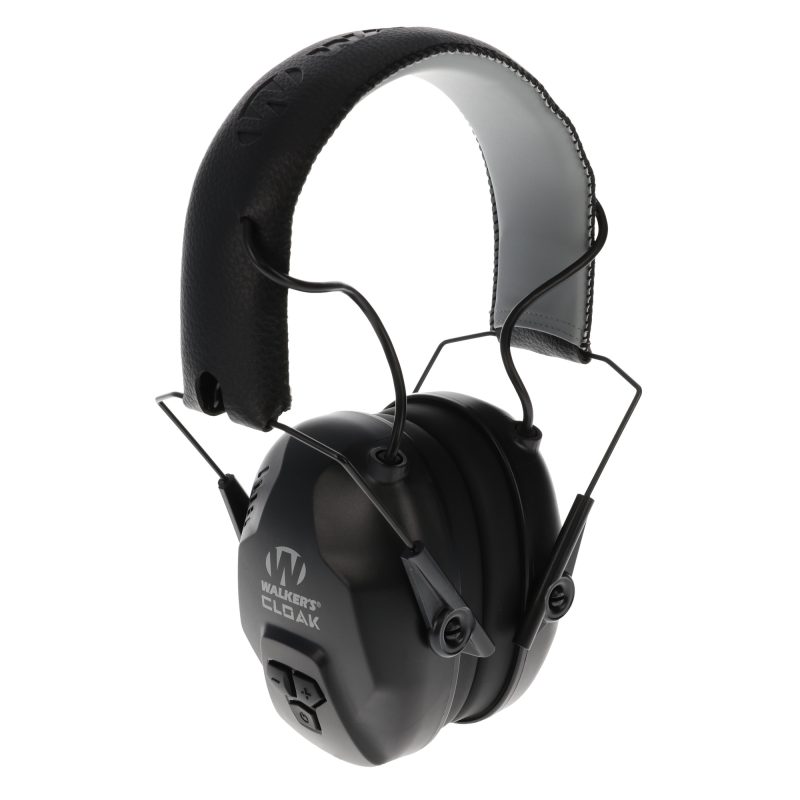 Walker's Cloak Dual Mic Electronic Earmuffs in black, shown from the side, with adjustable headband and earcups, suitable for ranch work and shooting protection in the White Mountains.