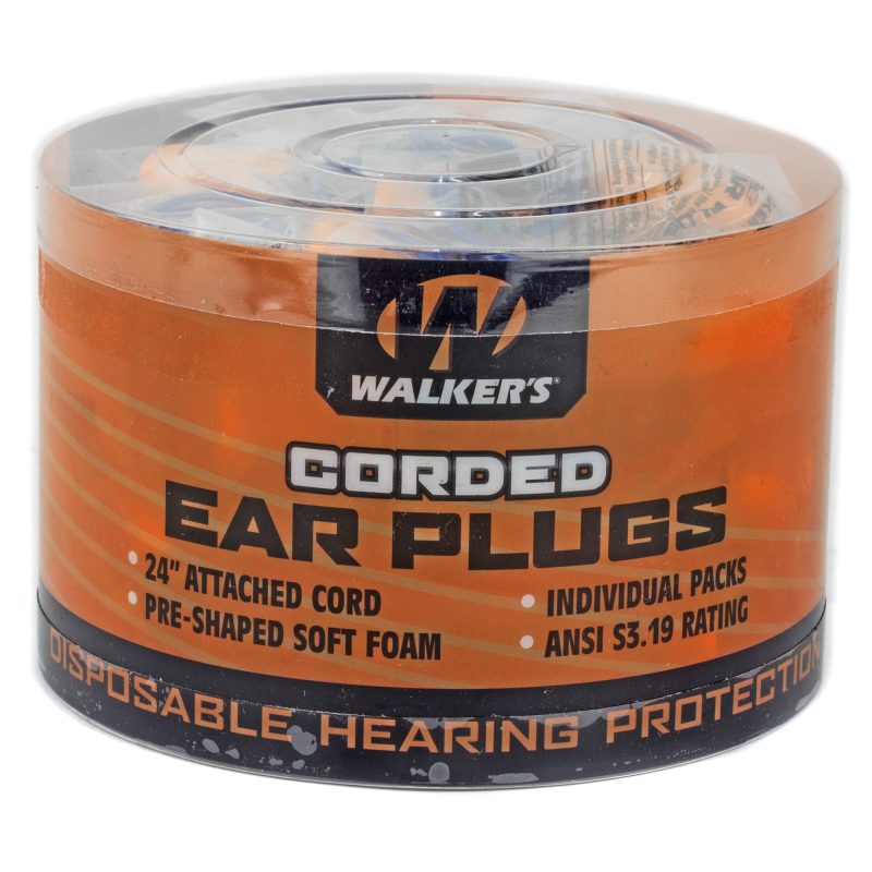 Fifty pairs of orange Walker's foam corded ear plugs in a clear plastic tub, shown against a neutral background.