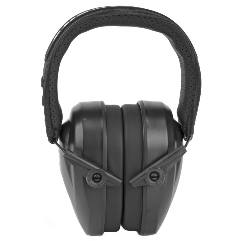 A pair of black Walker's Razor Compact Passive Muffs, shown from the side, with ultra-low profile ear cups and an adjustable headband.