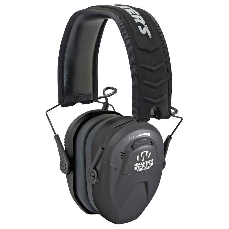 Black Walker's Razor Electronic Compact Earmuffs, designed for hearing protection during loud activities.
