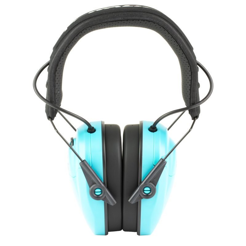 Pair of teal Walker's Razor Compact Electronic Earmuffs with a black headband, shown folded for storage.