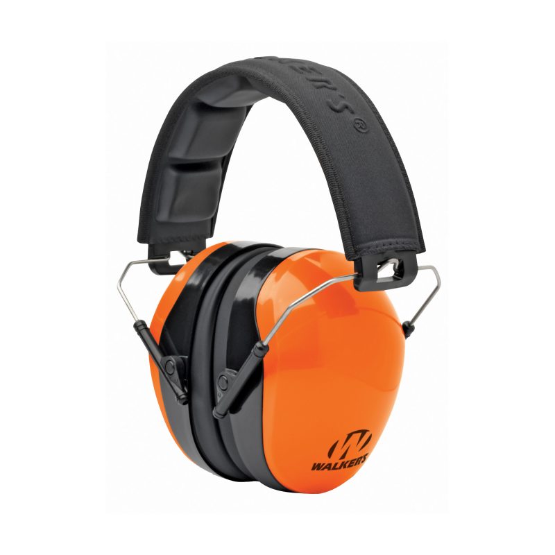 Orange Walker's passive earmuffs with a padded headband, folded for storage, against a neutral background.