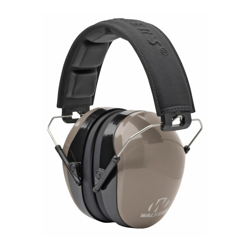 Walker's Passive Earmuffs in Flat Dark Earth, folded, with a padded headband, suitable for ranch work and hearing protection.