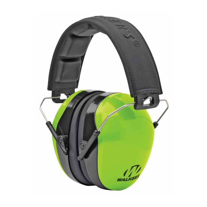 Green Walker's passive earmuffs with a padded headband, folded for storage, against a neutral background.