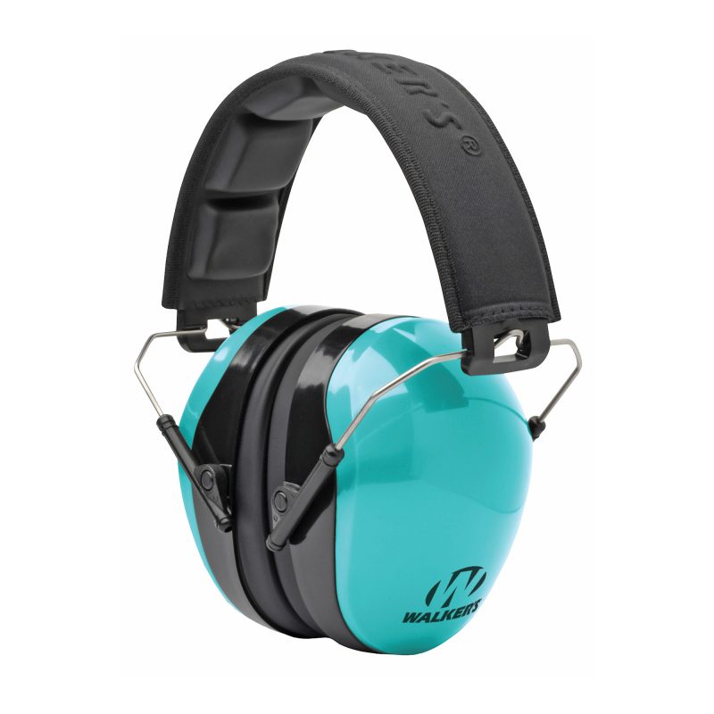 Walker's Passive Muff Headband in aqua color, folded for storage, showing padded headband and earcups.