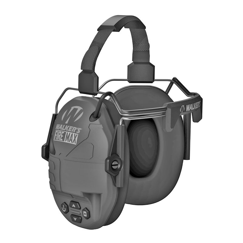 Walker's Firemax electronic earmuffs, black, behind-neck style, shown against a rugged outdoor background, suitable for ranch work in the White Mountains.
