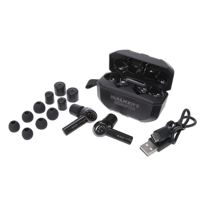 Pair of black Walker's Disrupter noise-cancelling electronic earbuds with charging case, suitable for ranch work and outdoor activities.