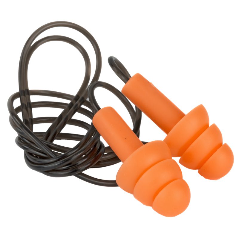 Two pairs of yellow Walker's foam corded ear plugs, coiled and ready for use, against a plain background.