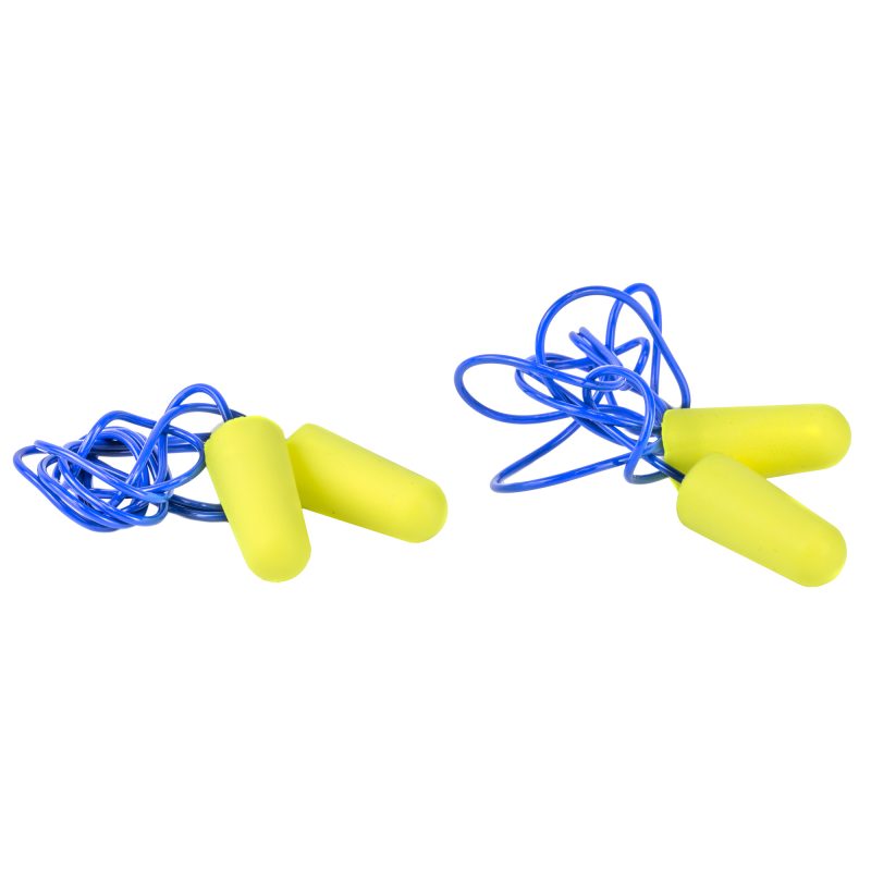 Two pairs of Walker's corded foam earplugs, one yellow and one blue, with a clear plastic carrying case, displayed against a neutral background.