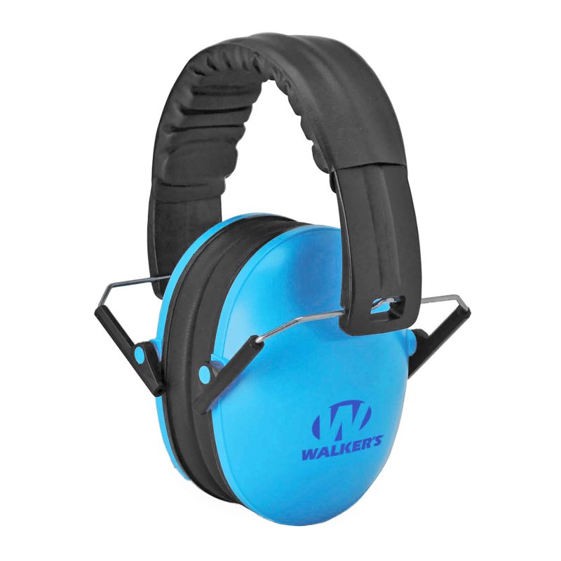 Pair of blue Walker's X-Small Compact Passive Ear Muffs for youth, shown against a rugged outdoor background.