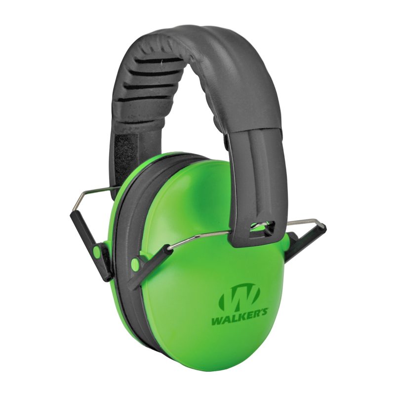A pair of Walker's Ultra Compact Muff Green hearing protection earmuffs, folded, showing the lime green color and comfortable headband.